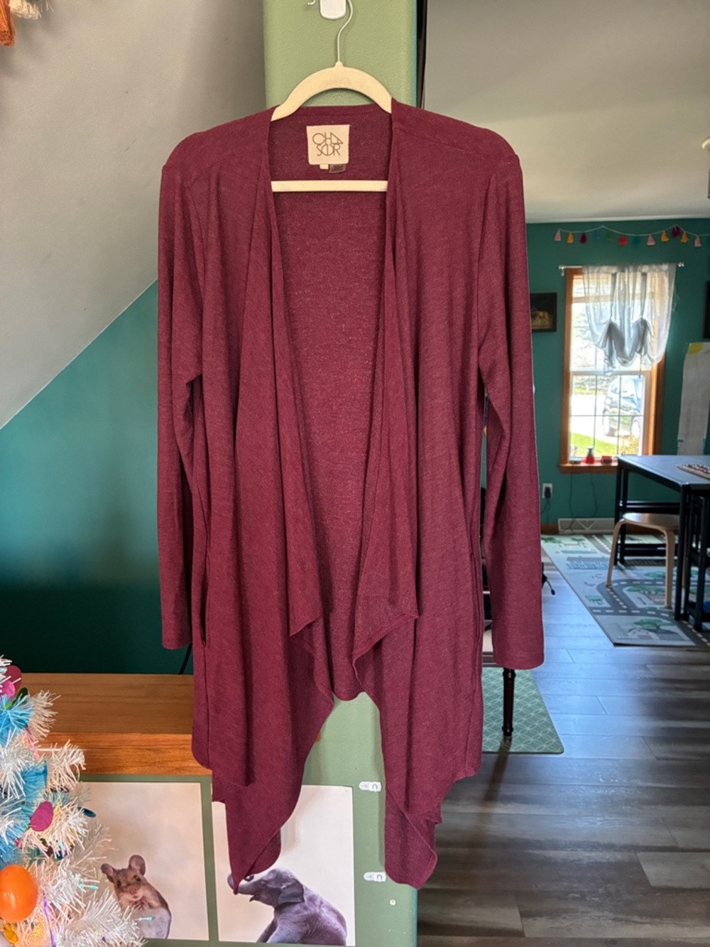 Cha Sor Open-Front Draped Cardigan in Burgundy